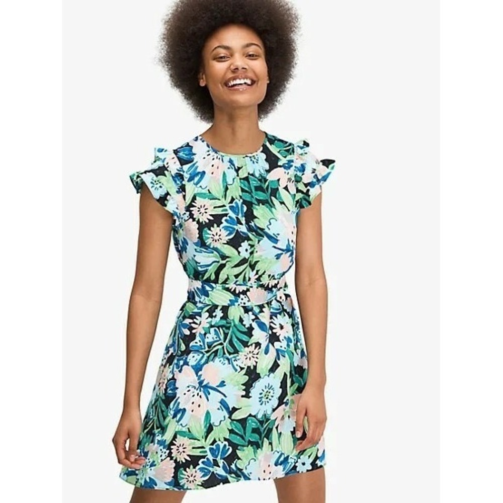 Kate Spade NewYork Full Bloom Floral Flutter Sleeve Tie Waist Mini Dress size 14 - Picture 1 of 12
